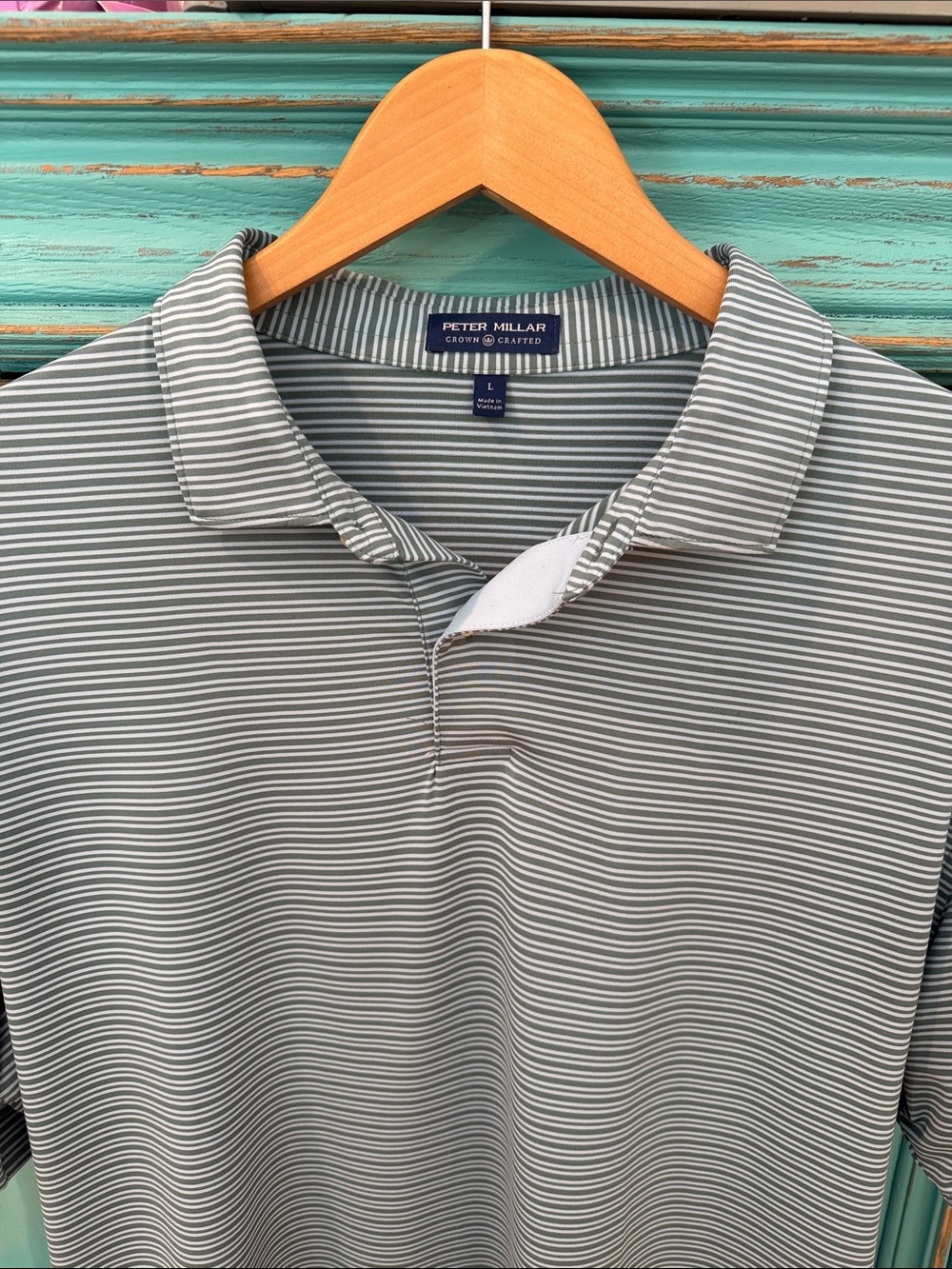 Peter Millar Striped Gray and White Performance Polo